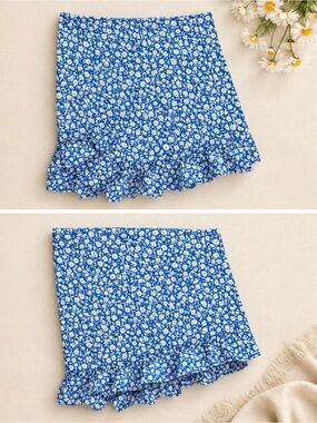 Blue Floral Ruffled Mini Skirt